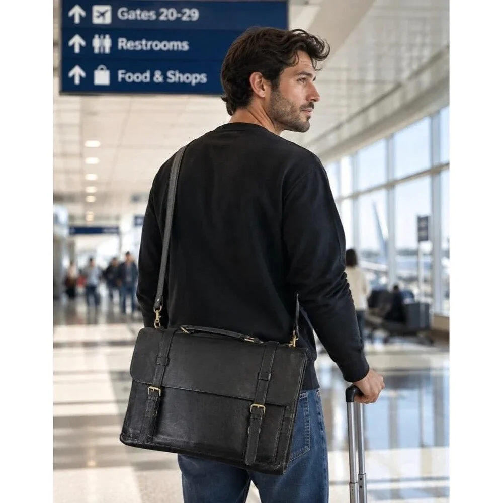 Wilson's Leather Messenger Bag Black Leather Briefcase Crossbody Satchel